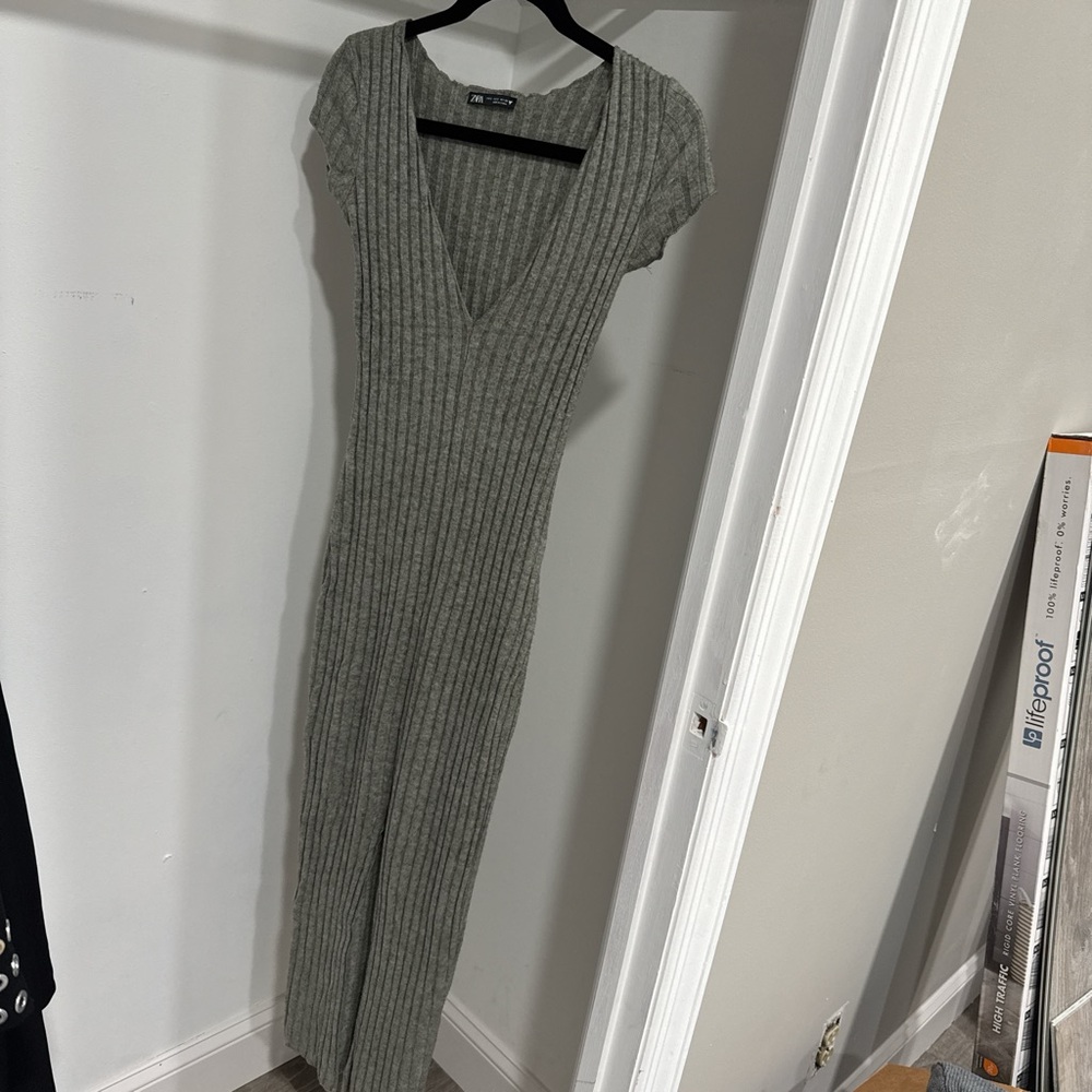 Zara Gray Ribbed Bodycon Maxi Dress